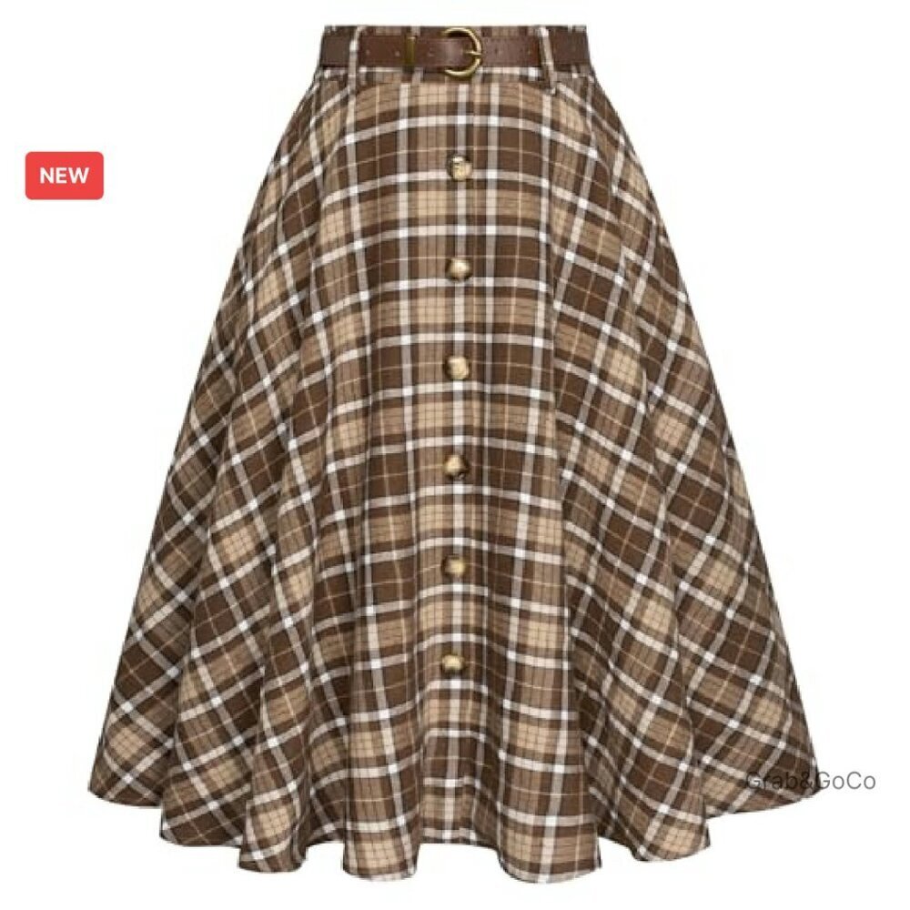 Vintage Plaid A-Line Skirt Retro Midi Flared with Pockets & Belt - Picture 2 of 8
